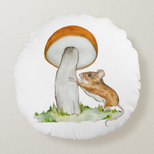 Funny mouse with wild mushroom round pillow
