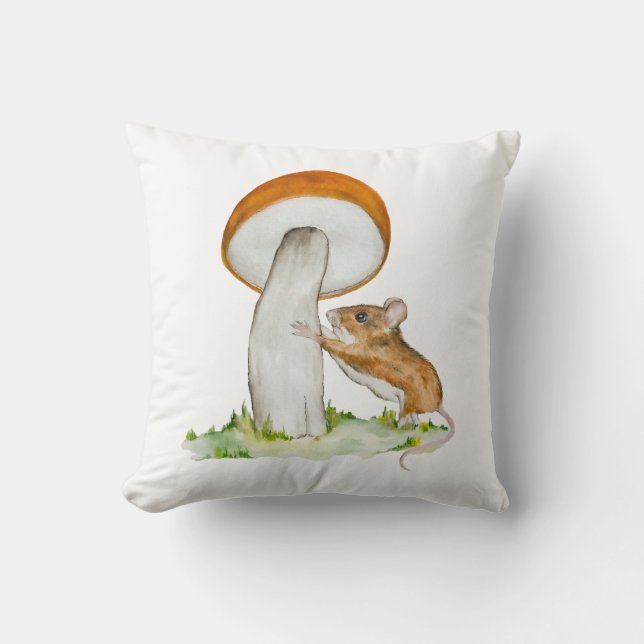 Funny mouse with wild mushroom throw pillow (Front)