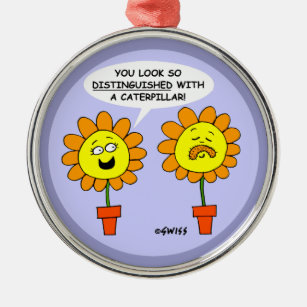 Funny Moustache Caterpillar and Flowers Cartoon Metal Ornament