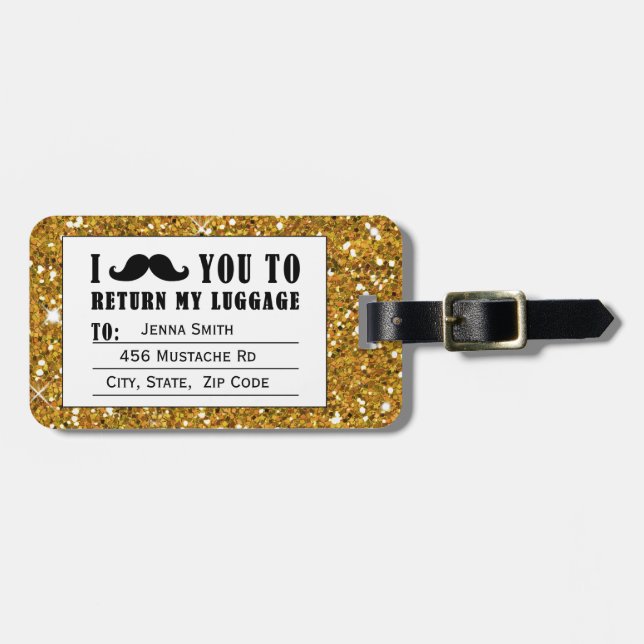 Funny Moustache Gold Glitter Luggage Tag (Front Horizontal)