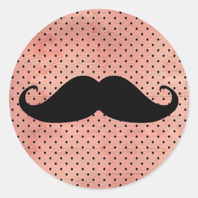 Funny Moustache On Cute Pink Polka Dot Background Classic Round Sticker (Front)