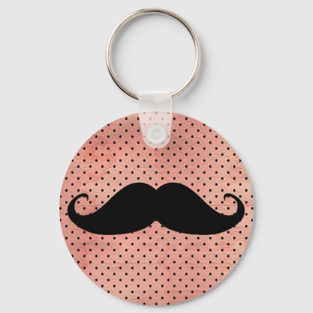 Funny Moustache On Cute Pink Polka Dot Background Keychain (Front)