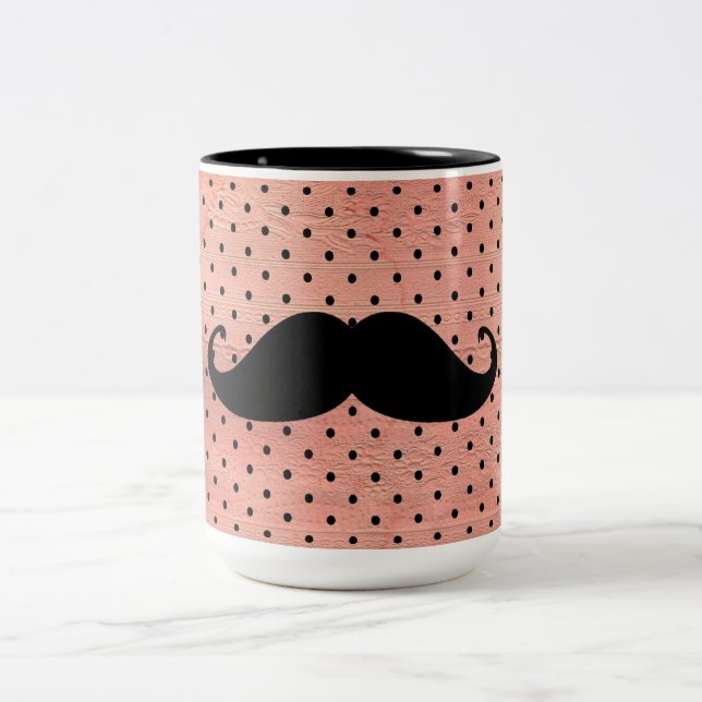 Funny Moustache On Cute Pink Polka Dot Background Two-Tone Coffee Mug (Center)