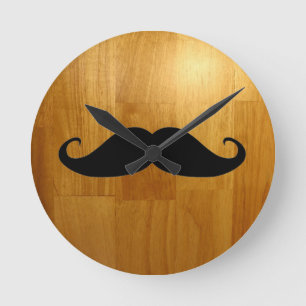 Funny Moustache on Shiny Wood Texture Background Round Clock
