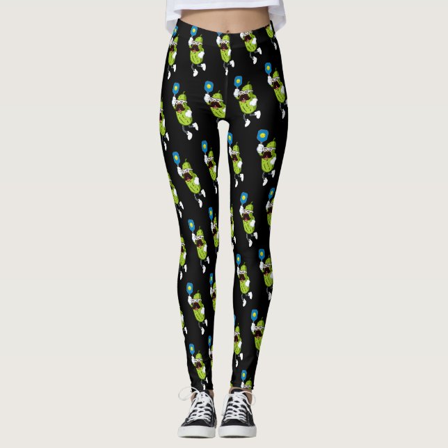 Funny Moustache Pickle Playing Pickleball Black Leggings (Front)