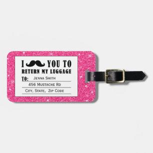 Funny Moustache Pink Glitter Luggage Tag