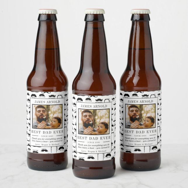 Funny Moustache Print Happy Father's Day Photo Beer Bottle Label (Bottles)