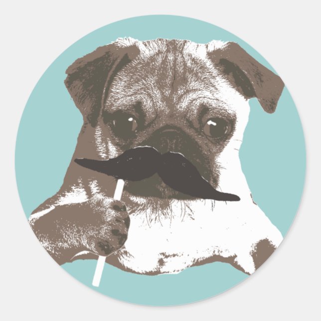 Funny Moustache Pug Classic Round Sticker (Front)