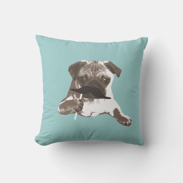 Funny Moustache Pug Throw Pillow (Front)