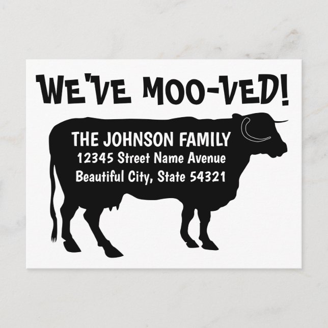 Funny Moving Cow New Address We've Moo-ved Black Announcement Postcard (Front)