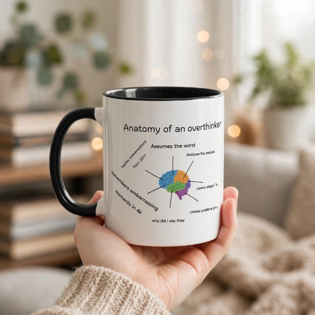 FUNNY MUG (Anatomy of an Overthinker 🧠☕️
Assumes the worst, analyzes the analysis 😂)