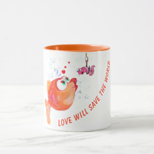 Funny Mug Happy Fish and Worm- Custom Text