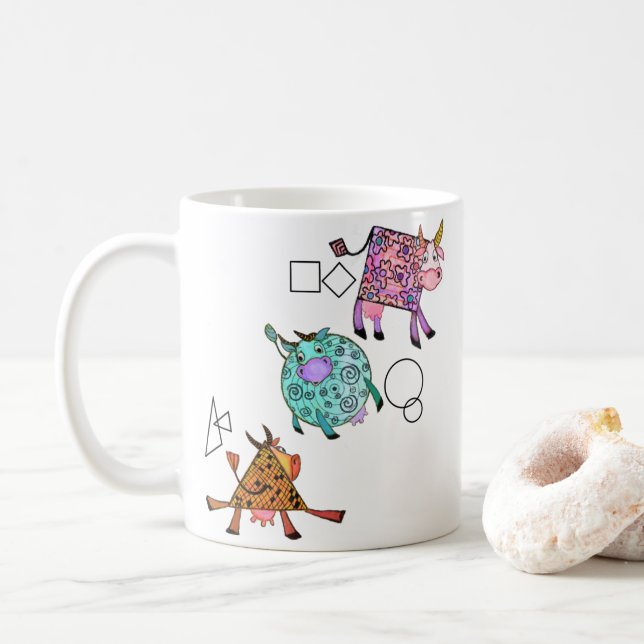 Funny Mug with Colourful Geometric Cows Flying (With Donut)