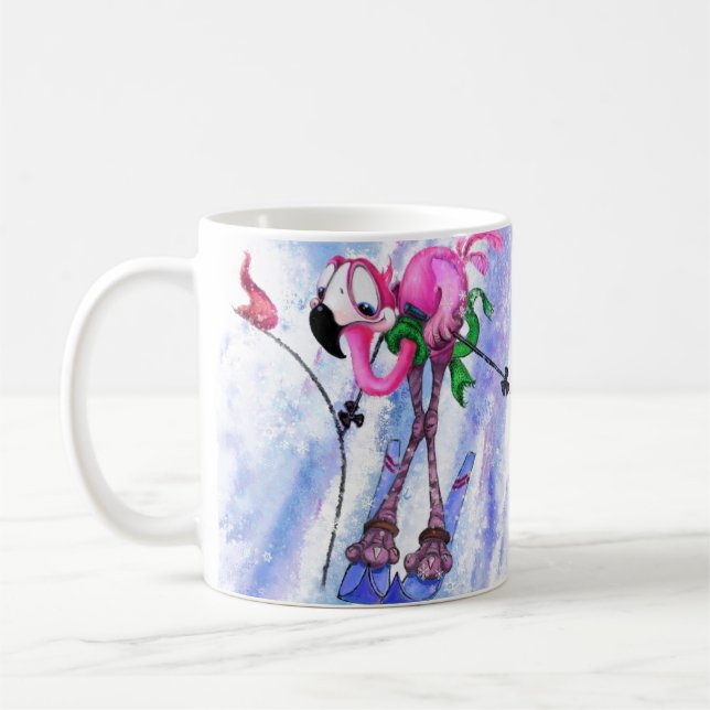 Funny Mug with Pink Flamingo Skier (Left)