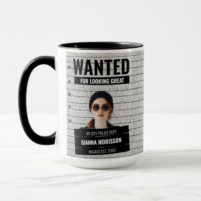 Funny Mugshot Wanted Poster Custom Name & Text Mug (Left)
