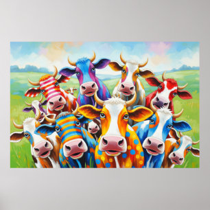 Funny multicolored cow painting poster