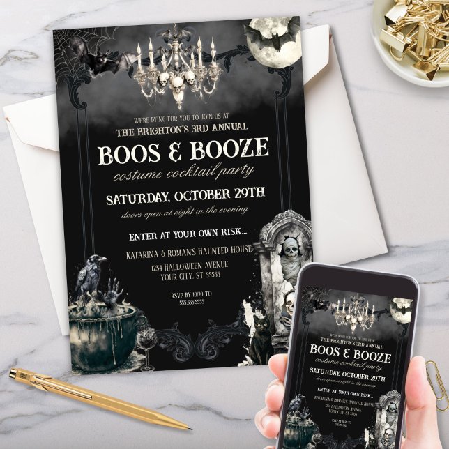 Funny Mummy Bats Halloween Boos & Booze Party Invitation (Halloween boos and booze party invitation with mummy skeleton bats and raven)