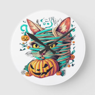 Funny Mummy Cat Halloween Round Clock