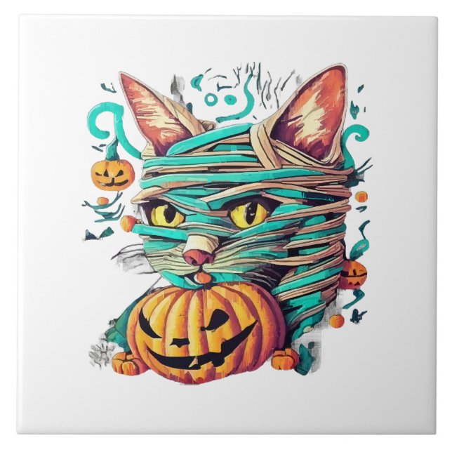 Funny Mummy Cat Halloween Tile (Front)