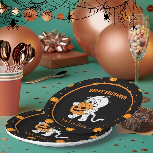 Funny Mummy Walking With Halloween Pumpkin Party Paper Plate (Creator Uploaded)