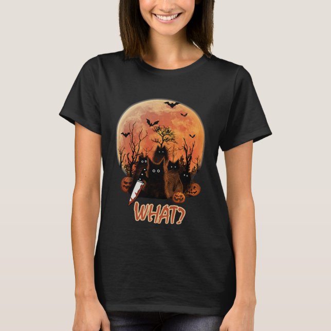 Funny Murderous Black Cat with Knife Halloween Cos T-Shirt (Front)