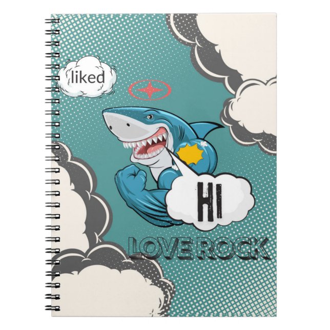 Funny Muscular Shark Comic Notebook – HI, LOVE ROC (Front)