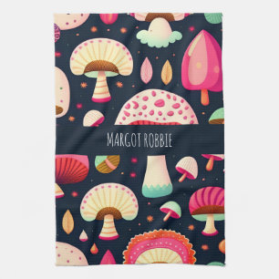 Funny mushroom Pink Blue Isometric Pattern Kitchen Towel