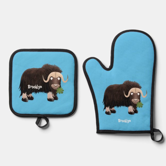 Funny musk ox cartoon illustration  oven mitt & pot holder set (Front)