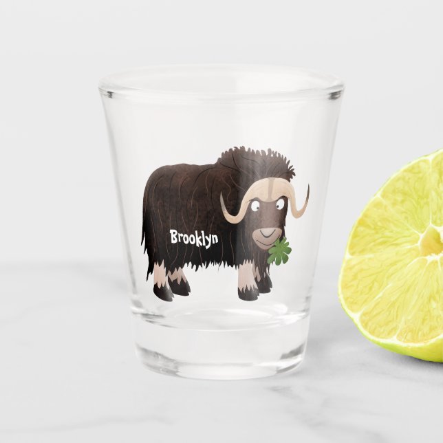 Funny musk ox cartoon illustration shot glass (Front)