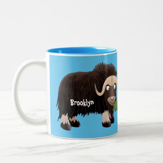 Funny musk ox cartoon illustration Two-Tone coffee mug (Left)