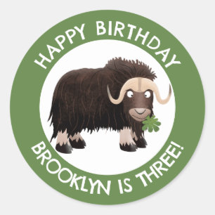 Funny musk ox cartoon personalized birthday  classic round sticker