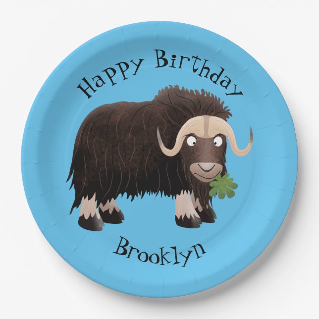 Funny musk ox cartoon personalized birthday  paper plate (Front)