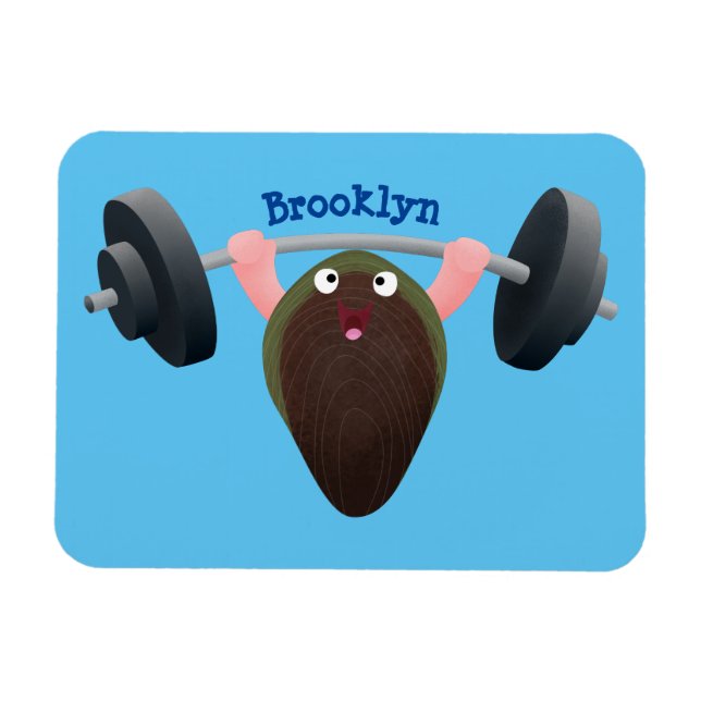 Funny mussel working out cartoon illustration magnet (Horizontal)