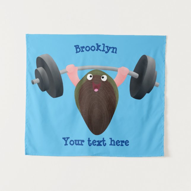 Funny mussel working out cartoon illustration  tapestry (Front (Horizontal))