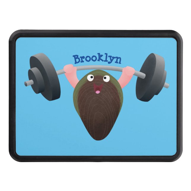 Funny mussel working out cartoon illustration trailer hitch cover (Front)