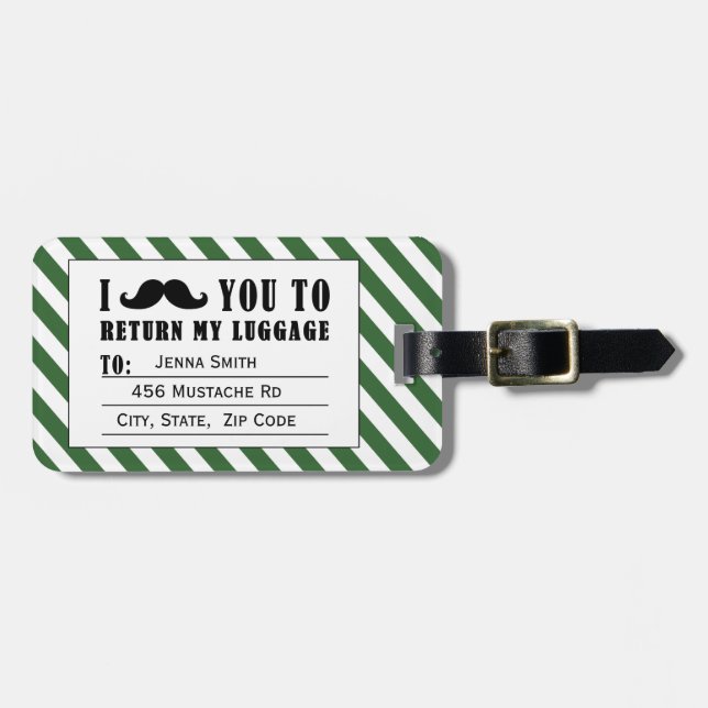 FUNNY MUSTACHE LUGGAGE TAG | GREEN STRIPES (Front Horizontal)