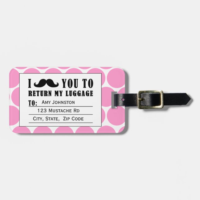FUNNY MUSTACHE LUGGAGE TAG | PINK DOTS (Front Horizontal)