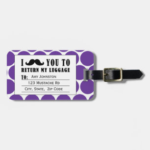 FUNNY MUSTACHE LUGGAGE TAG   PURPLE DOTS