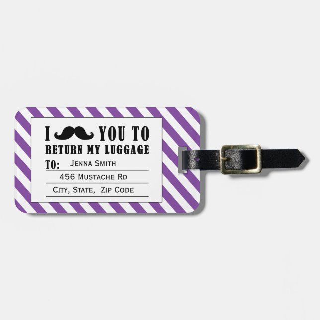 FUNNY MUSTACHE LUGGAGE TAG | PURPLE STRIPES (Front Horizontal)