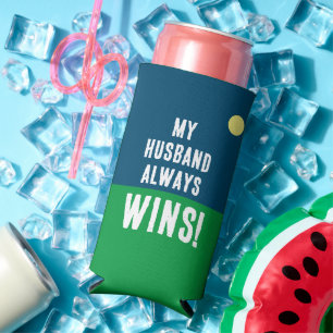 Funny "My Husband Always Wins!" Blue & White Golf Seltzer Can Cooler