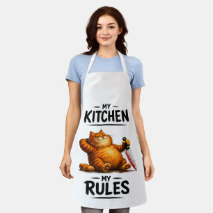 Funny My Kitchen My Rules Orange Cat with Knife Apron