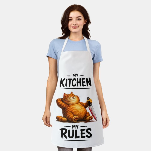 Funny My Kitchen My Rules Orange Cat with Knife Apron (Worn)