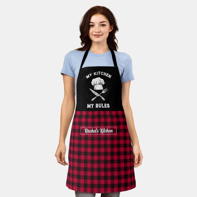 Funny My Kitchen My Rules Red Black Plaid Pattern Apron (Worn)