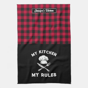 Funny My Kitchen My Rules Red Black Plaid Pattern Towel