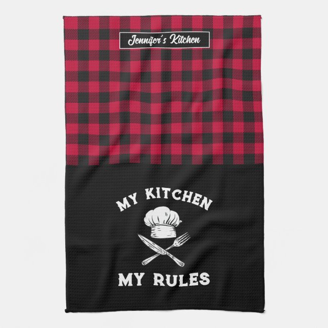 Funny My Kitchen My Rules Red Black Plaid Pattern Towel (Vertical)