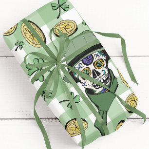 Funny n' Festive Green Irish Sugar Skulls & Coins Wrapping Paper