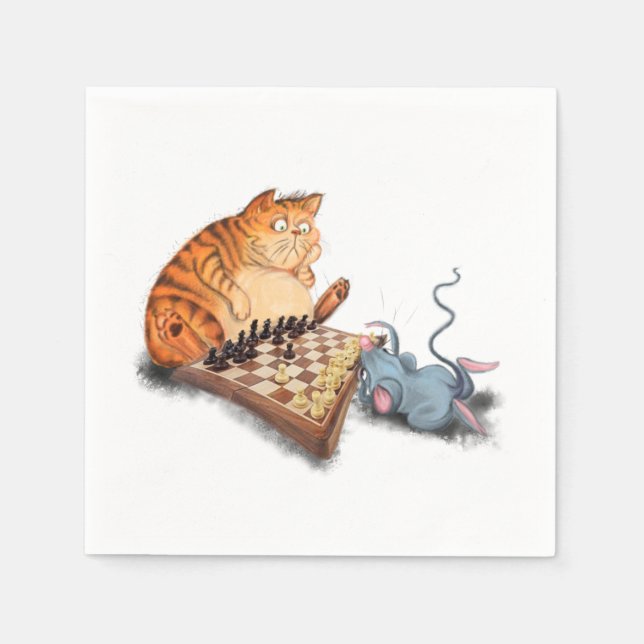 Funny Napkins Cat and Mouse Playing Chess Cartoon (Front)