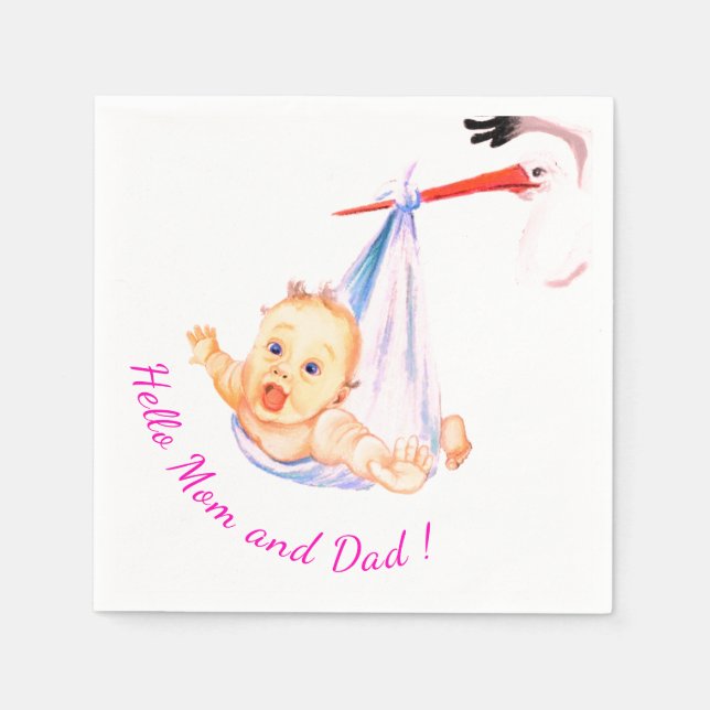 Funny Napkins Stork Carrying Baby - Custom Text (Front)