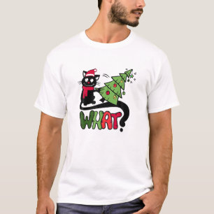 Funny Naughty Black Cat Pushing Christmas Tree Ove T-Shirt