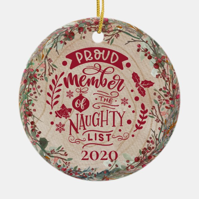 Funny Naughty List Personalized Photo Botanical Ceramic Ornament (Front)
